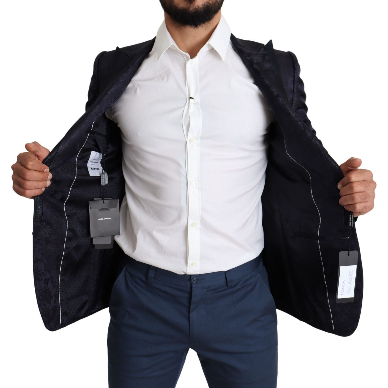 优雅蓝色丝绸混纺马提尼西装外套