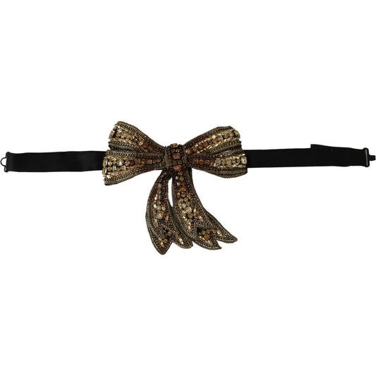 Dolce & Gabbana Gold Tone Silk Rhinestone Embellished Women Bowtie Bow Tie