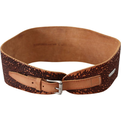 Scervino Street Brown Wide Leather Embroidered Design Logo Belt