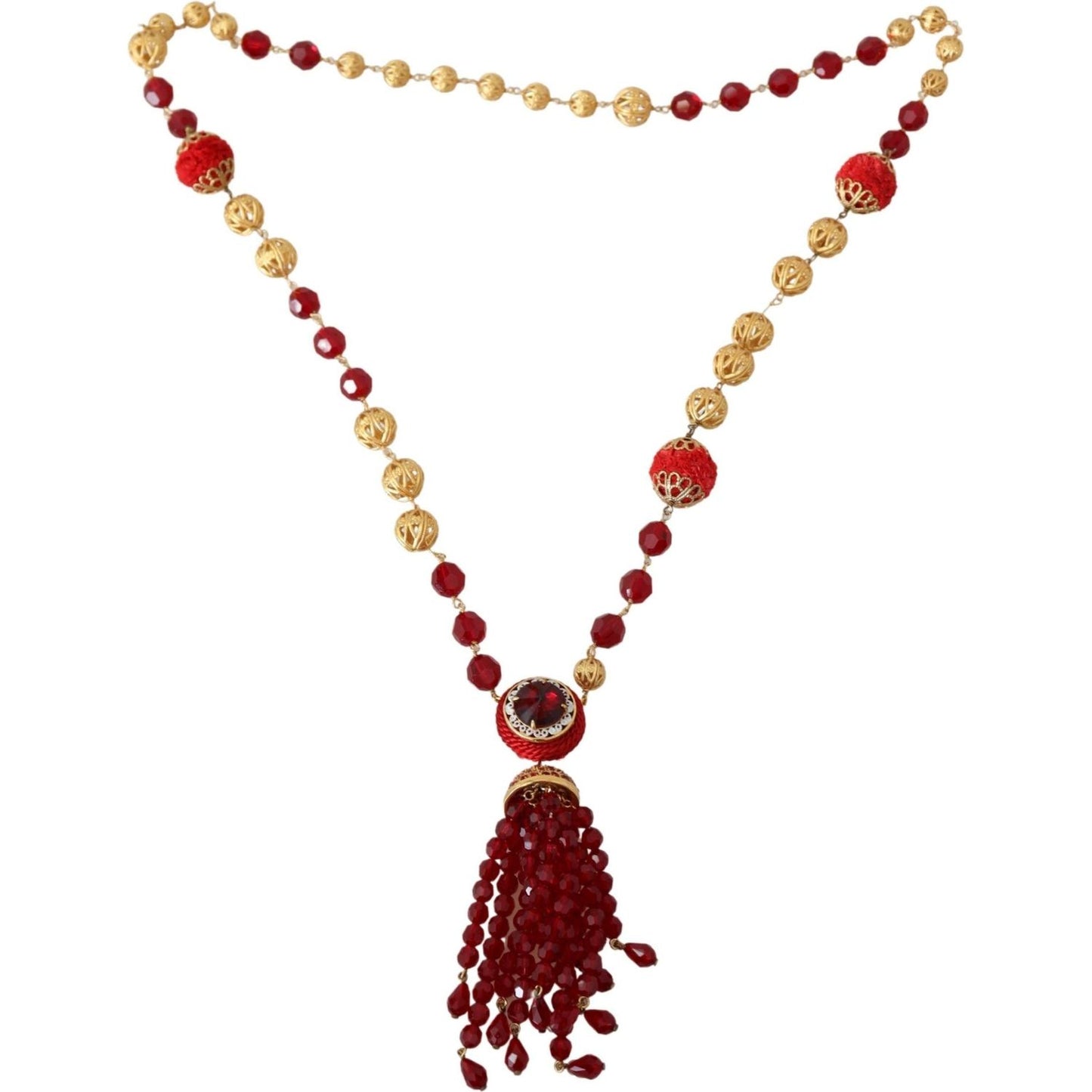 Dolce & Gabbana Gold Tone Brass Red Crystals Pendant Opera Chain Necklace Necklace