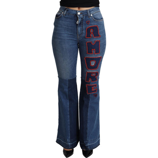 Dolce & Gabbana Blue Amore Patch Boot Cut Cotton Stretch Pant Dolce & Gabbana