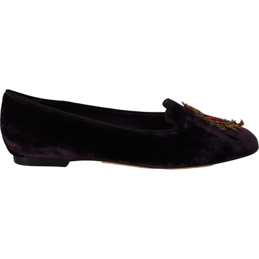Dolce & Gabbana Purple Velvet DG Heart Loafers Flats Shoes