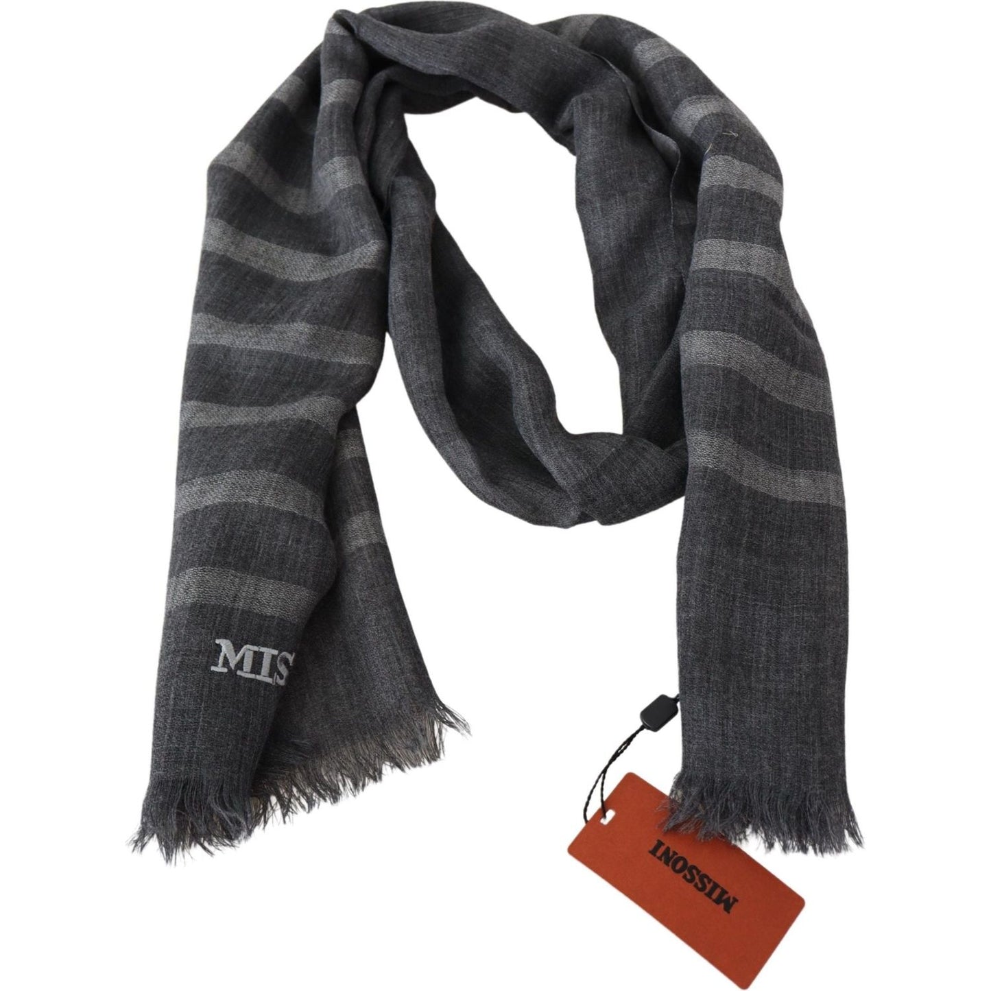Missoni Gray Striped Wool Unisex Neck Wrap Fringes Scarf