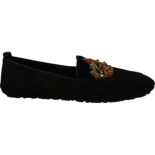Dolce & Gabbana Black Leather Crystal Gold Crown Loafers Shoes