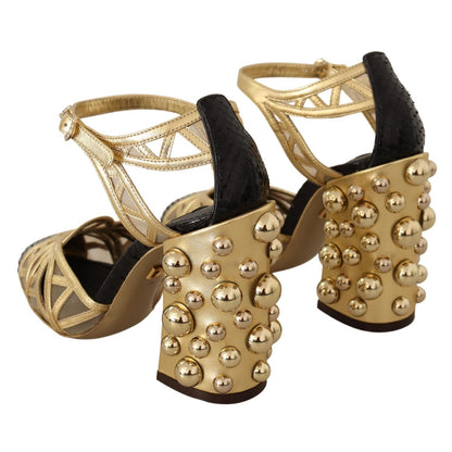 Dolce & Gabbana Black Gold Leather Studded Ankle Straps Shoes
