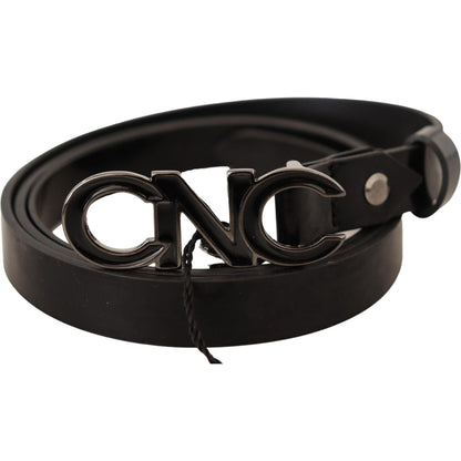 Costume National Black Leather Letter Logo Buckle Belt