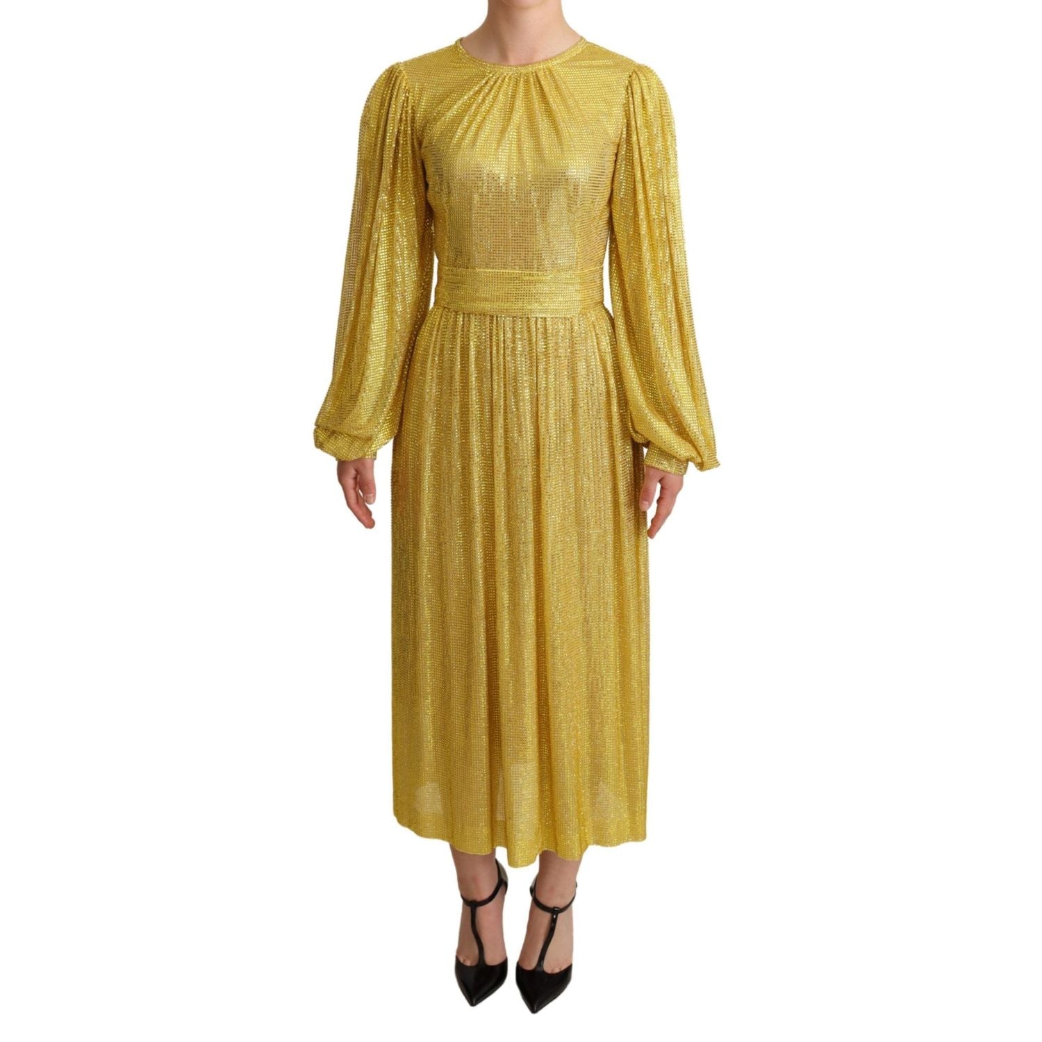 Dolce & Gabbana Yellow Crystal Mesh Pleated Maxi Dress