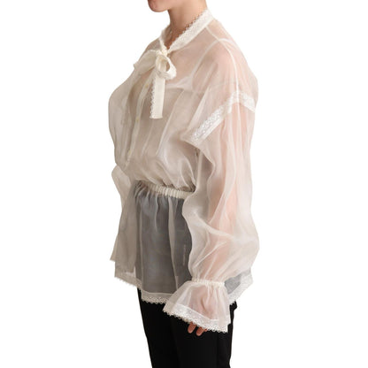 Dolce & Gabbana White Ascot Collar Long Sleeves Blouse Top