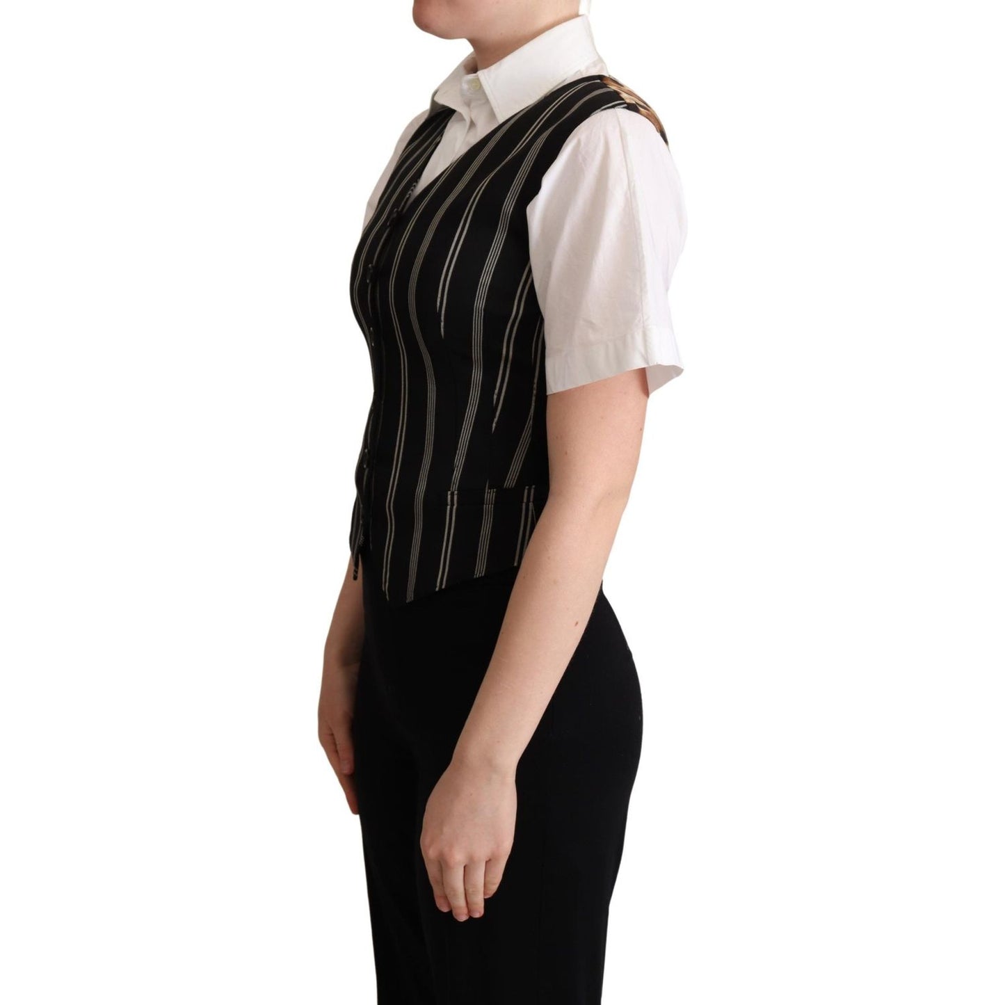 Dolce & Gabbana Black Striped Leopard Print Waistcoat Vest