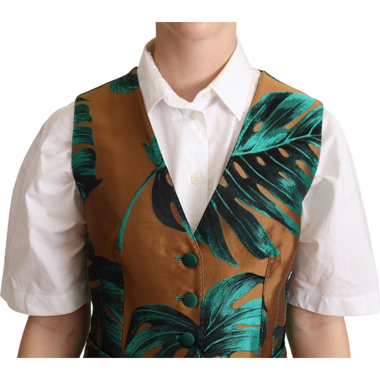 Dolce & Gabbana Elegant Green Leaf Print Waistcoat Dolce & Gabbana