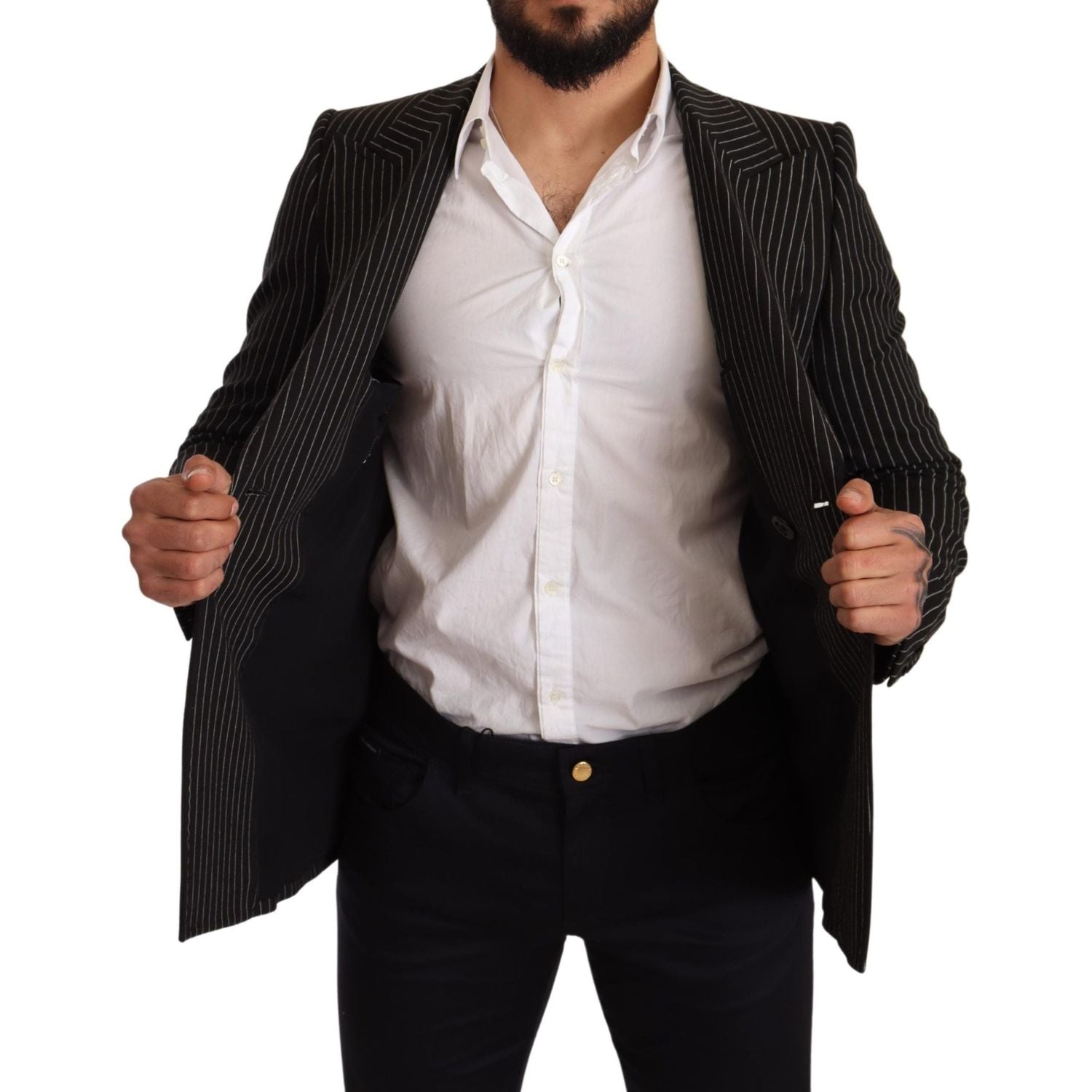 优雅条纹羊毛西装外套，配丝绸衬里