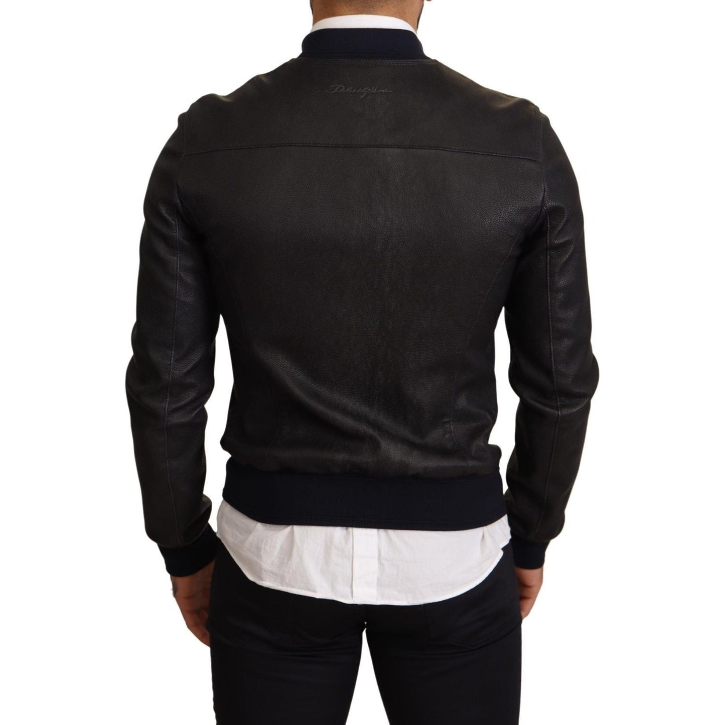 Dolce & Gabbana Elegant Leather Bomber Jacket in Dark Blue Dolce & Gabbana