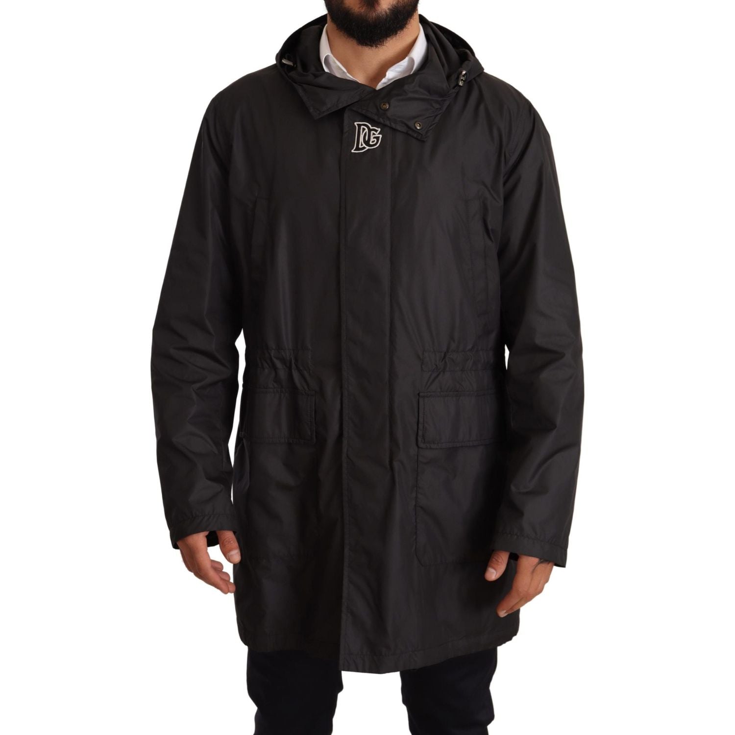 优雅黑色连帽宽松夹克