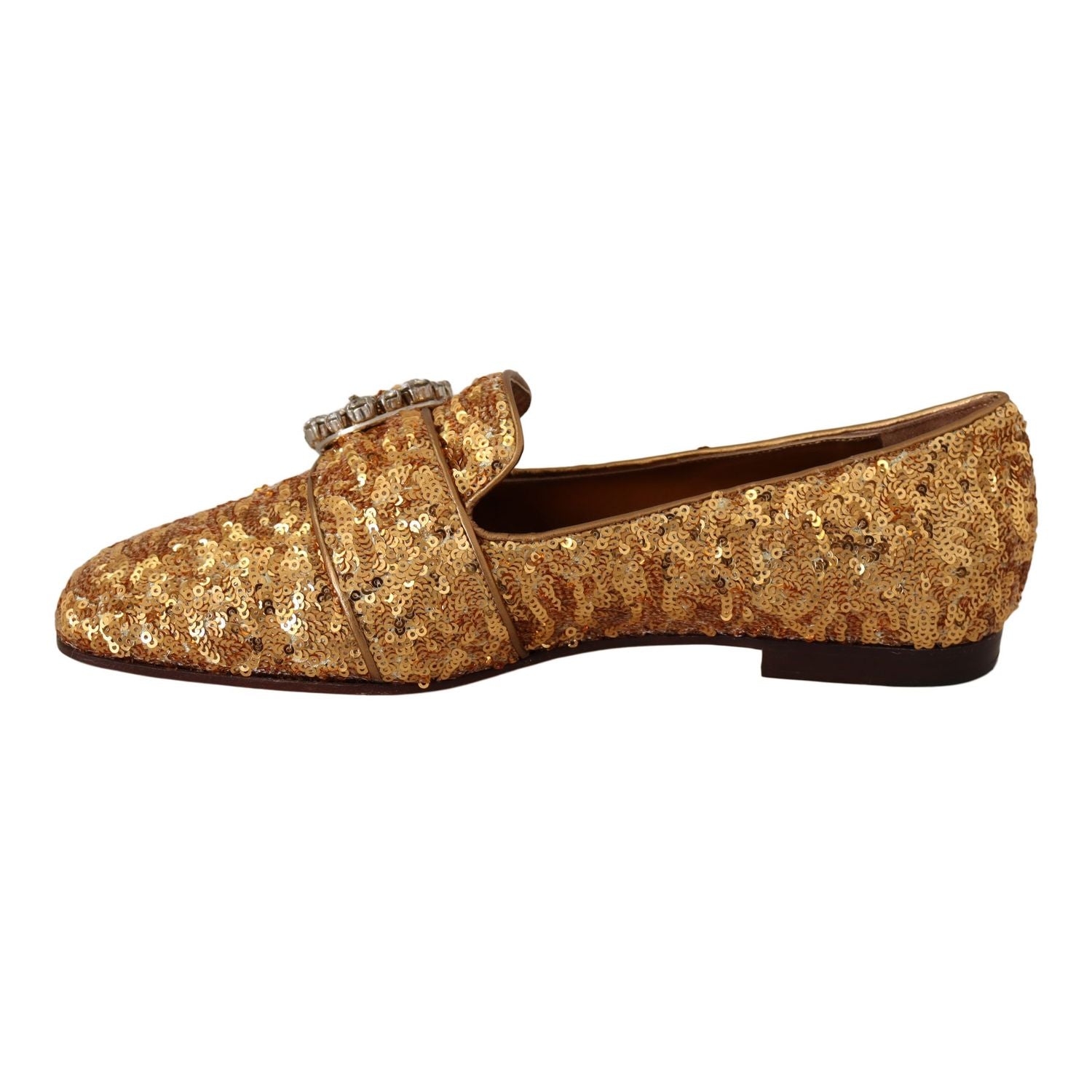 Dolce & Gabbana Gold Sequin Crystal Flat Women Loafers Shoes