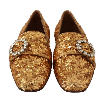 Dolce & Gabbana Gold Sequin Crystal Flat Women Loafers Shoes