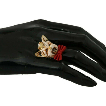 Dolce & Gabbana Gold Brass Resin Beige Dog Pet Branded Accessory Ring