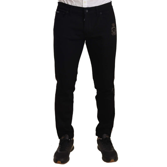 Dolce & Gabbana Heraldic Embroidered Slim Fit Black Jeans Jeans & Pants Dolce & Gabbana