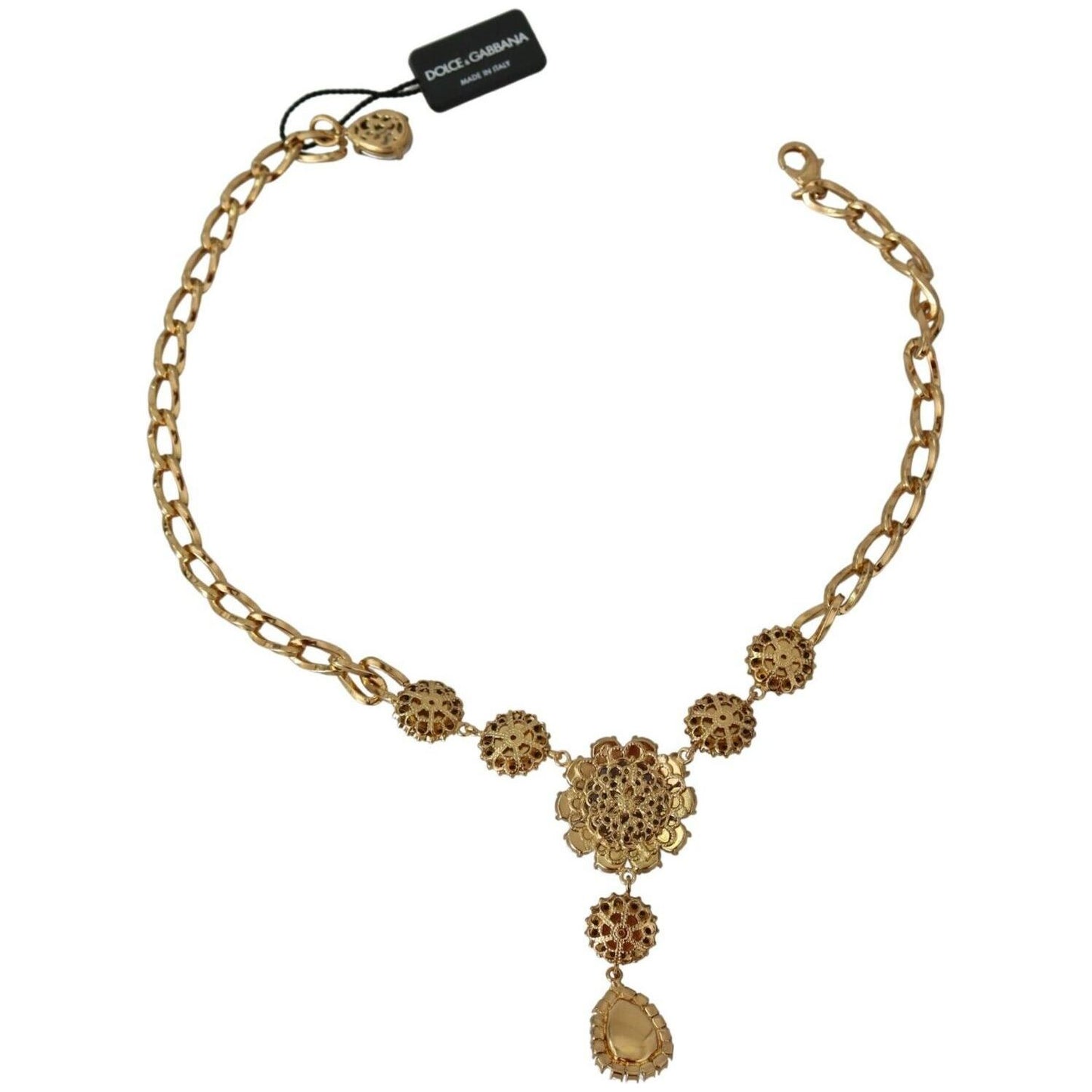 Dolce & Gabbana Elegant Gold Crystal Floral Charm Necklace Necklace Dolce & Gabbana