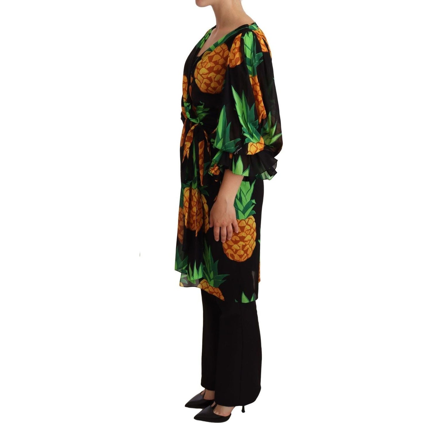 Dolce & Gabbana Black Ananas Print Wrap Stretch Silk Dress