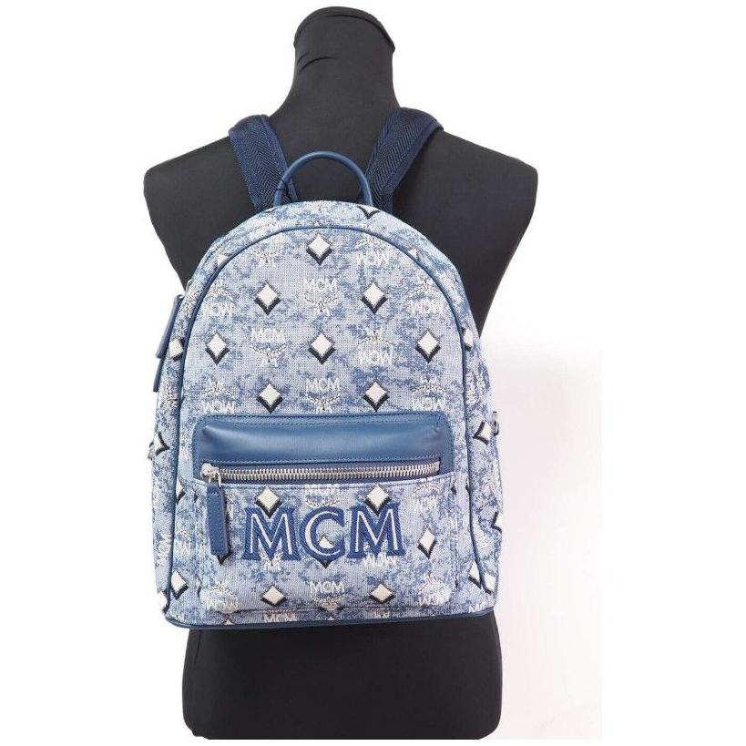 MCM Stark Small Blue Vintage Jacquard Monogram Logo Fabric Backpack Bookbag WOMAN BACKPACKS MCM