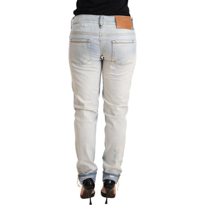 Acht Light Blue Distressed Cotton Folded Hem Denim Trouser Jeans