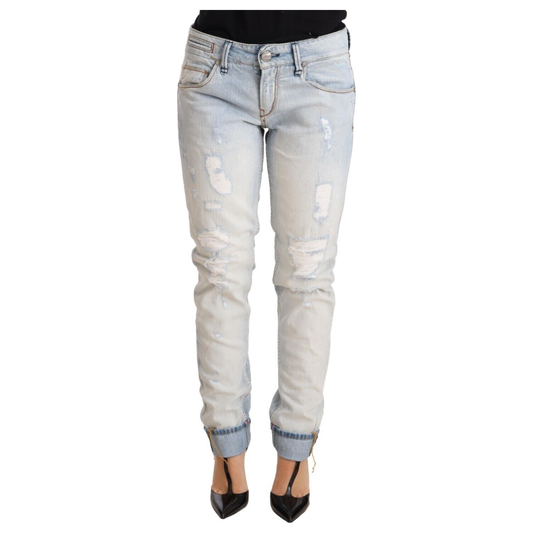 Acht Light Blue Distressed Cotton Folded Hem Denim Trouser Jeans