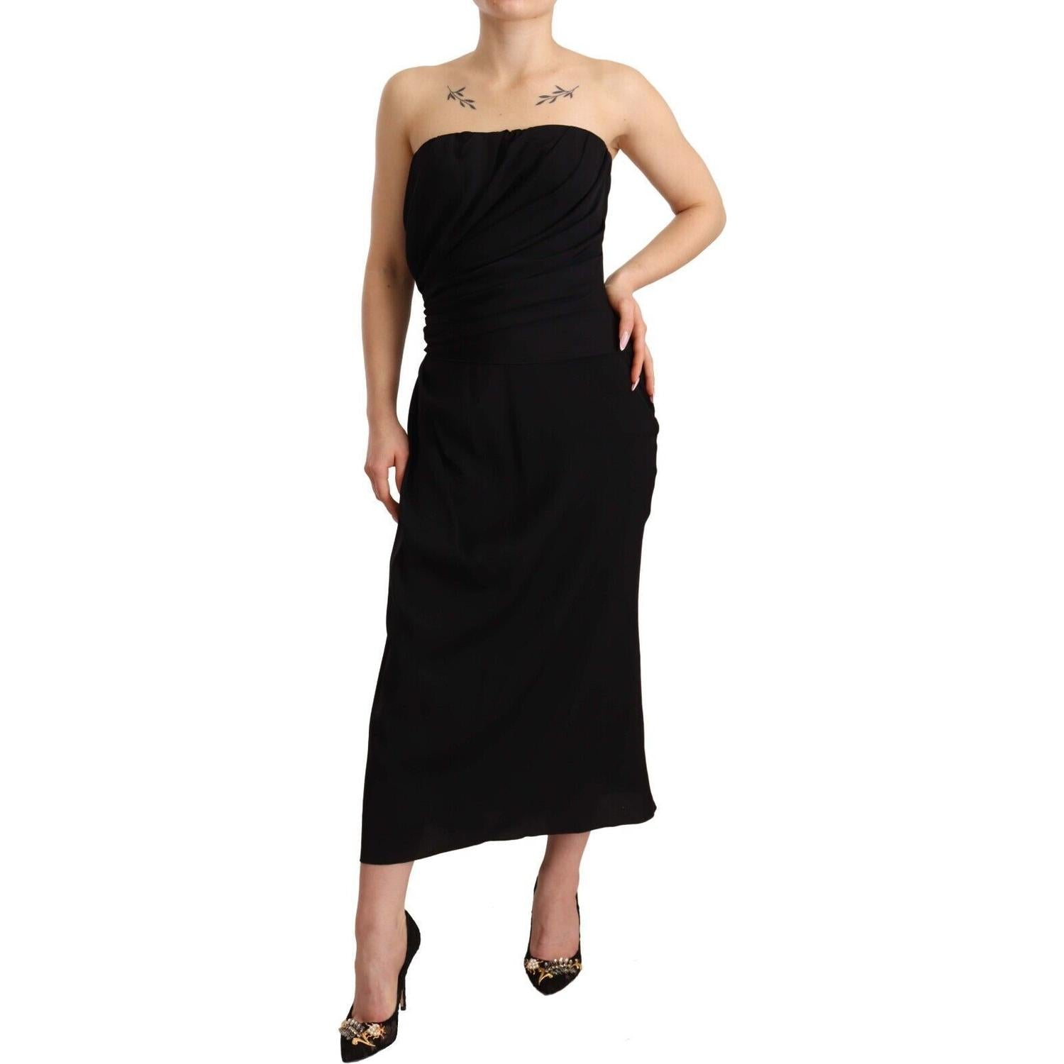 Dolce & Gabbana Black Silk Stretch Strapless Sheath Midi Dress
