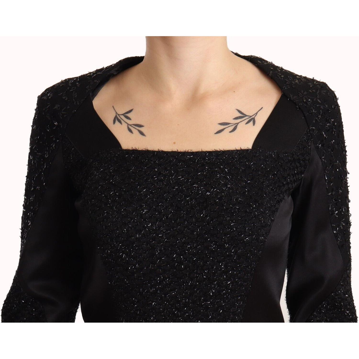 优雅黑色缀饰中长连衣裙