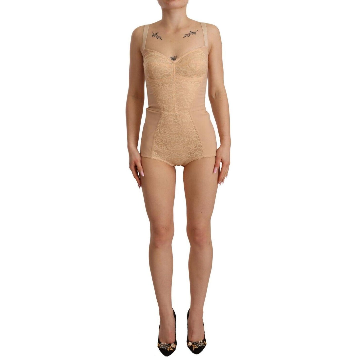 Dolce & Gabbana Beige Lace Panel Stretch Bodysuit Dolce & Gabbana