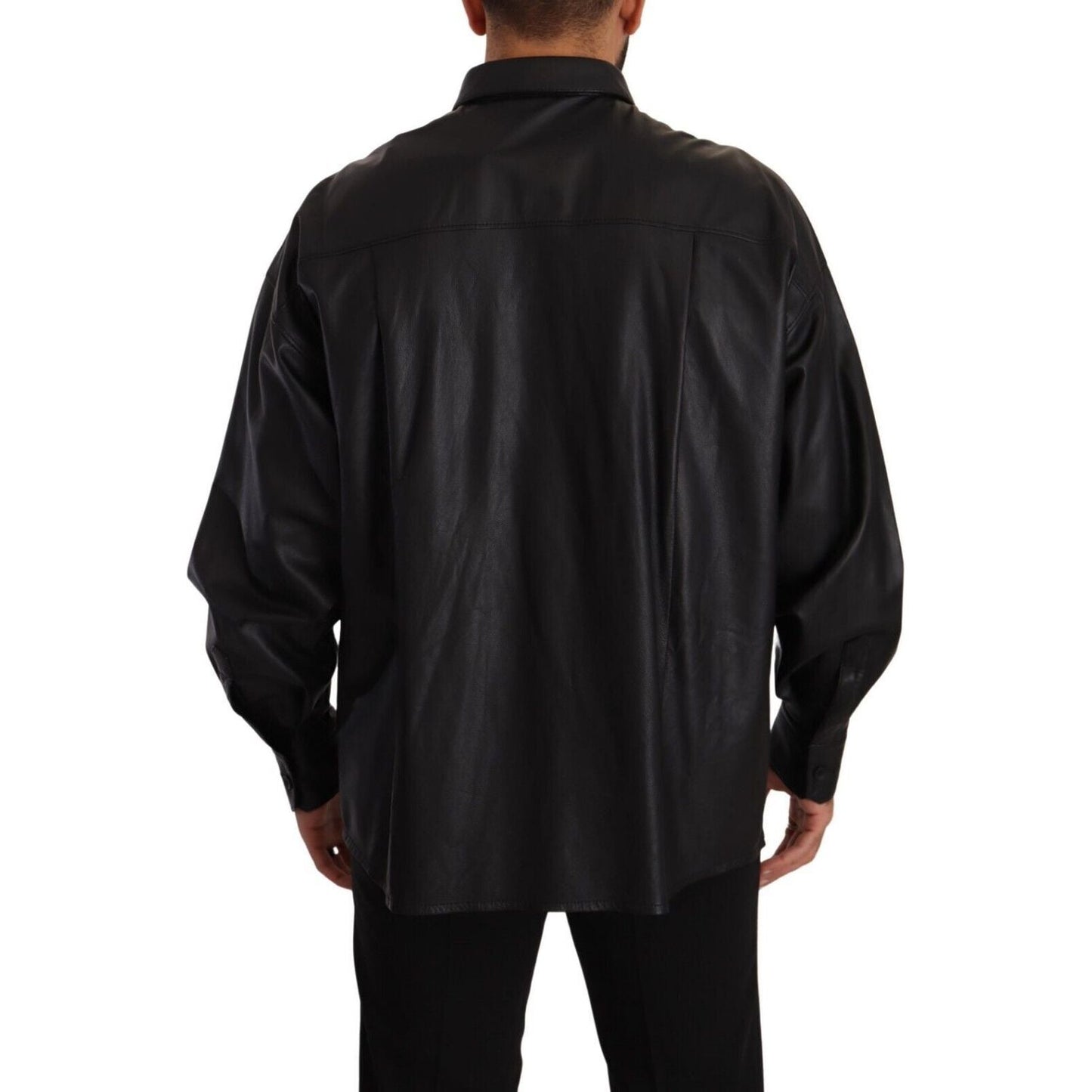 Dolce & Gabbana Black Leather Button Down Men Collared Jacket