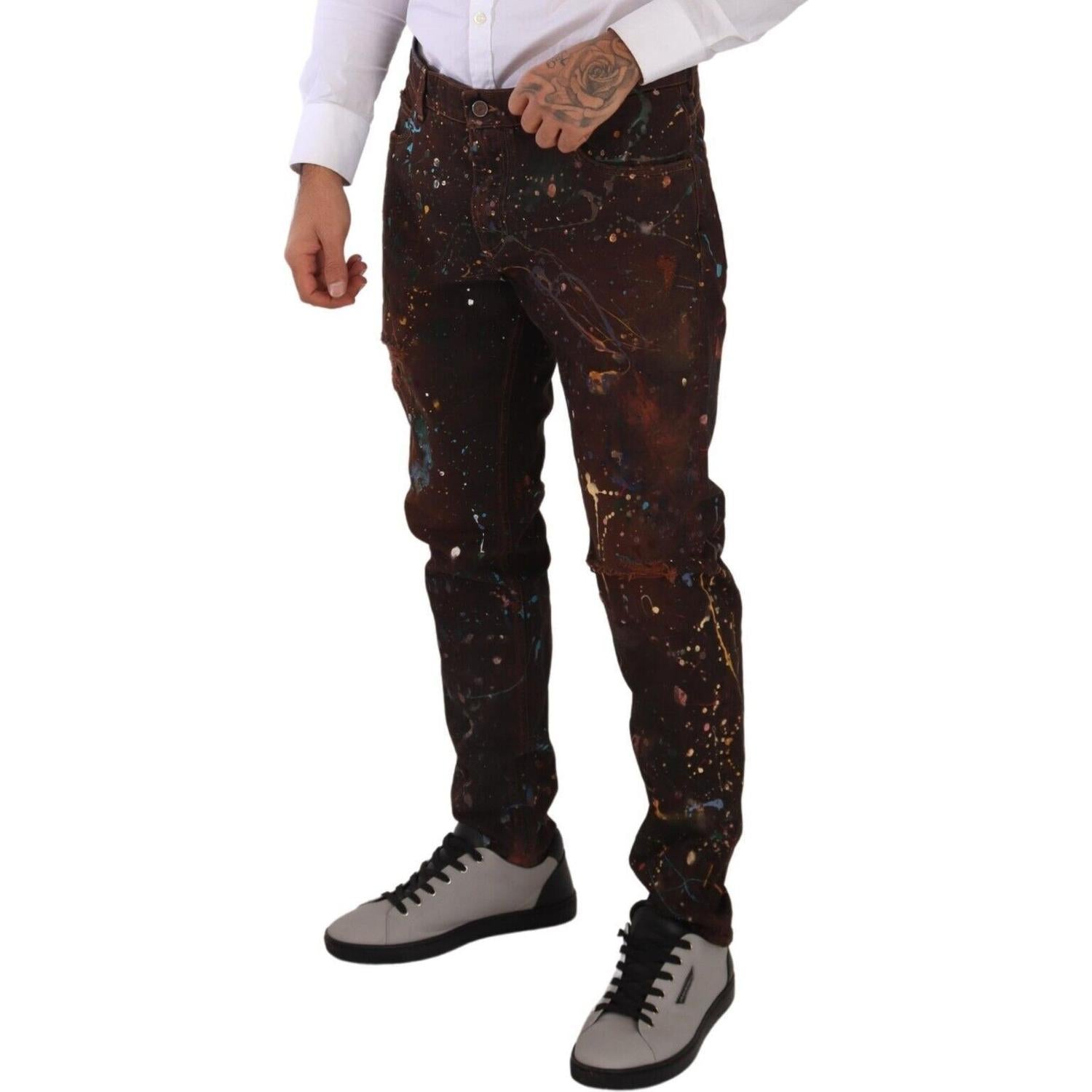 Dolce & Gabbana Brown Splash Color Cotton Regular Denim Jeans