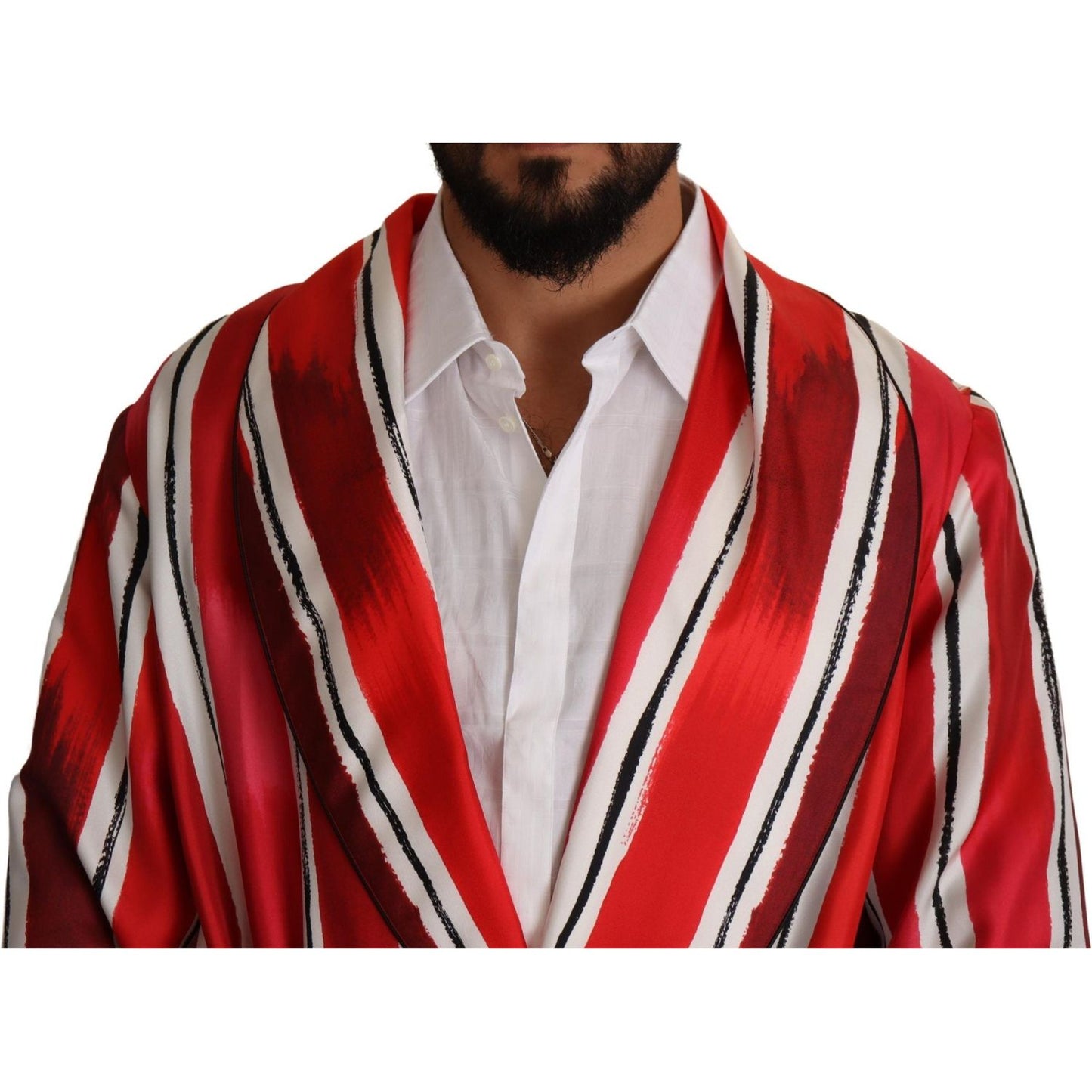 Dolce & Gabbana Red White Striped Silk Mens Night Gown Robe