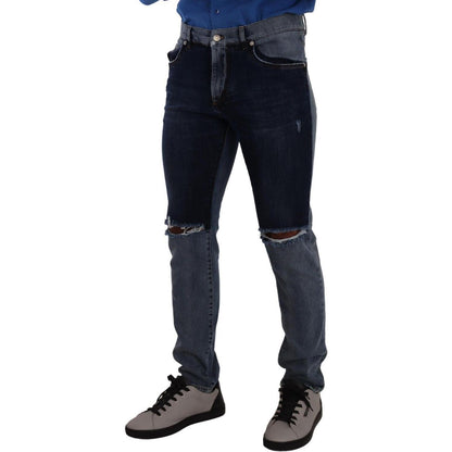 Dolce & Gabbana Blue Two Tone Tattered Cotton Slim Denim Jeans