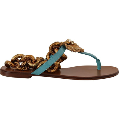 Dolce & Gabbana Blue Leather Devotion Flats Sandals