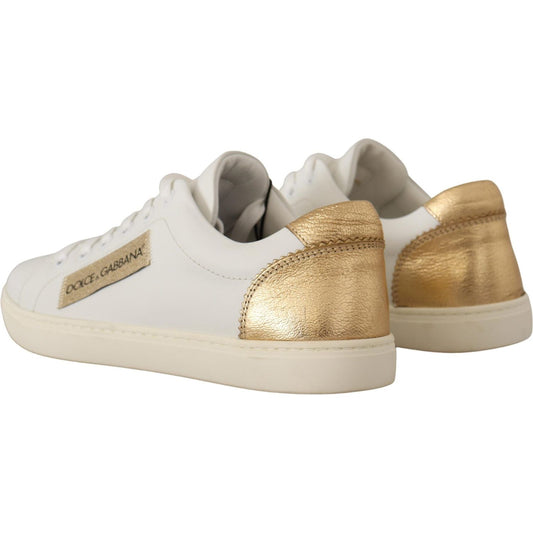 Dolce & Gabbana Elegant White Leather Sneakers with Gold Accents Dolce & Gabbana