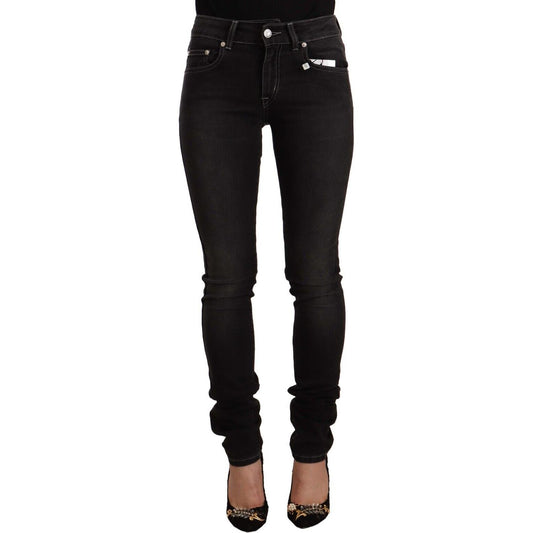GF Ferre Black Washed Mid Waist Cotton Skinny Slim Fit Jeans
