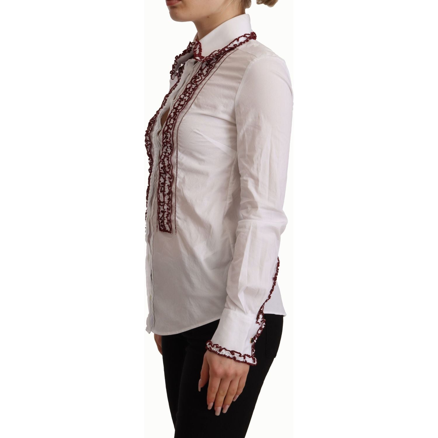 Dolce & Gabbana White Cotton Lace Long Sleeves Ruffle Collar Top Shirt