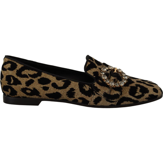 Dolce & Gabbana Gold Leopard Print Crystals Loafers Shoes