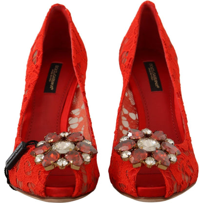 Dolce & Gabbana Red Taormina Lace Crystal Heels Pumps