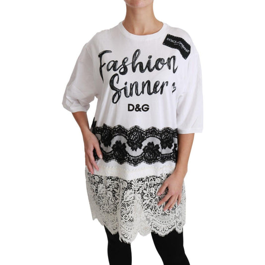Dolce & Gabbana White Fashion Sinner Cotton Lace T-shirt Top
