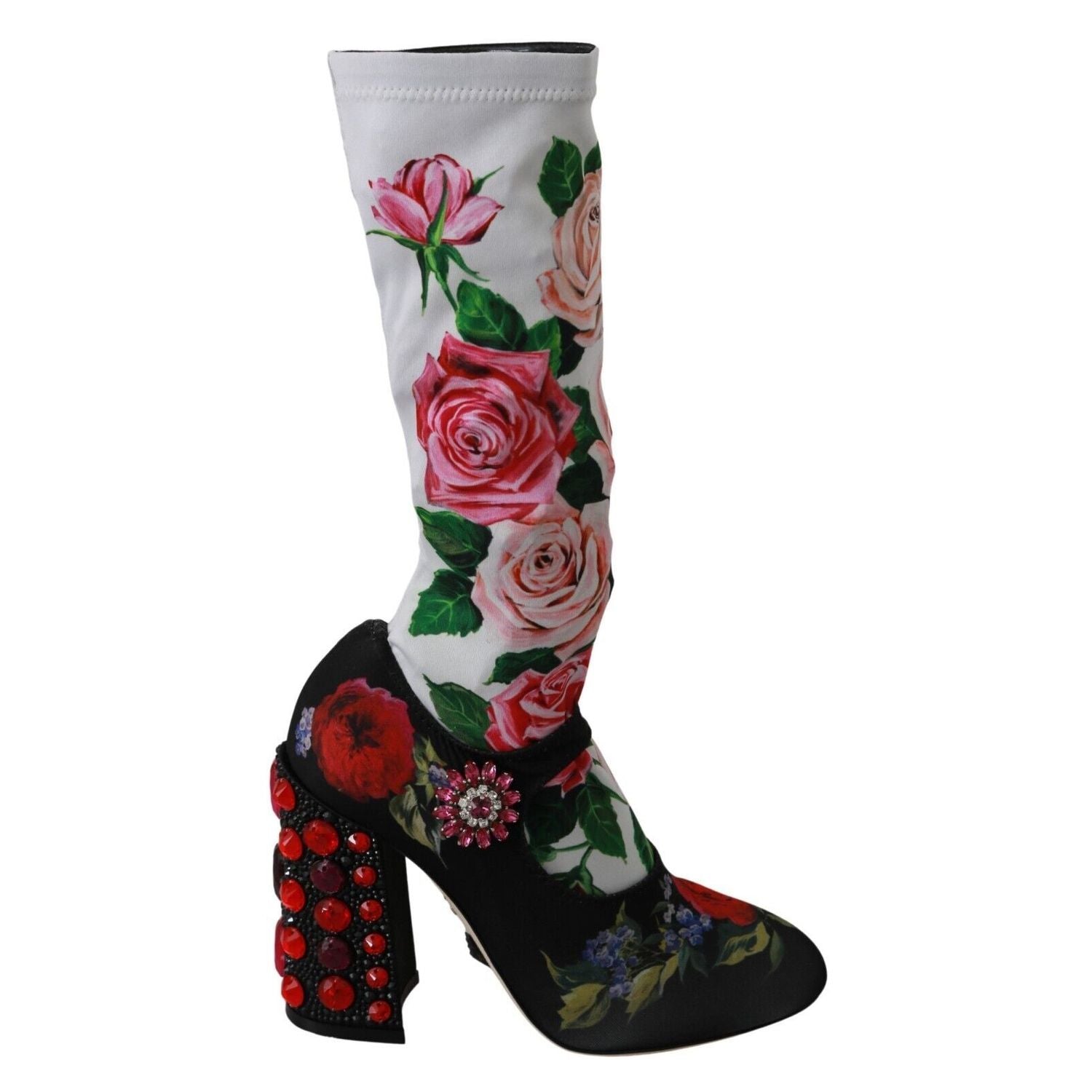 Dolce & Gabbana Black Floral Socks Crystal Jersey Boots Shoes