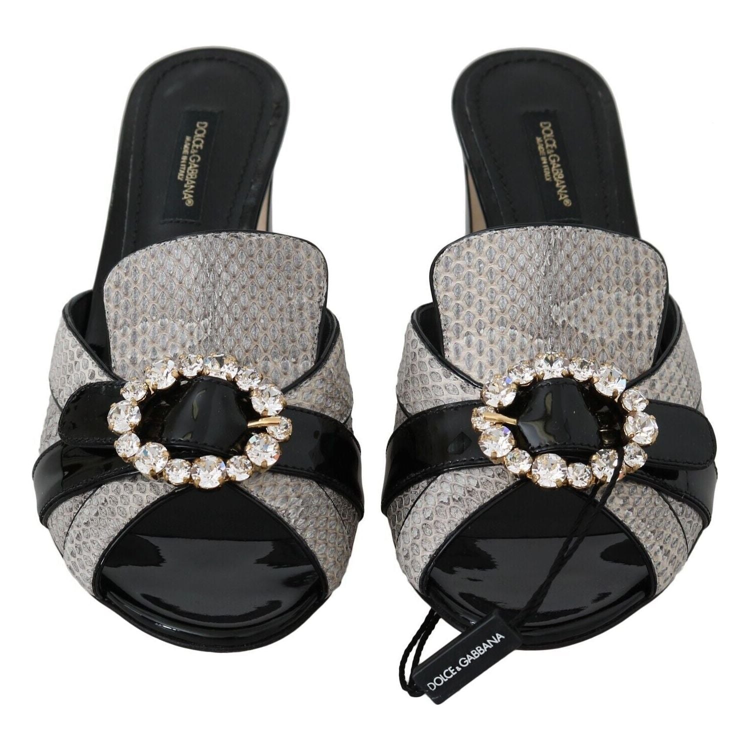 Dolce & Gabbana Black Gray Exotic Leather Crystals Sandals Shoes