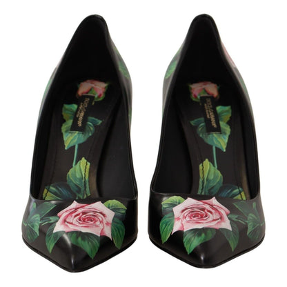 Dolce & Gabbana Black Leather Roses High Heels Pumps Shoes
