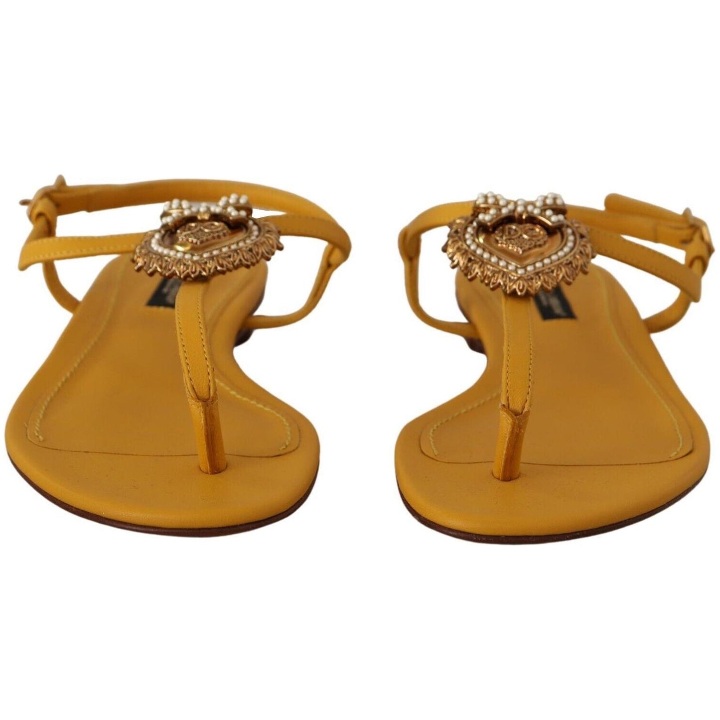 Dolce & Gabbana Mustard T-Strap Flat Sandals with Heart Embellishment Dolce & Gabbana