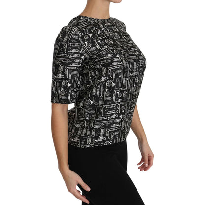 Dolce & Gabbana Black Musical Instruments Print Silk Blouse