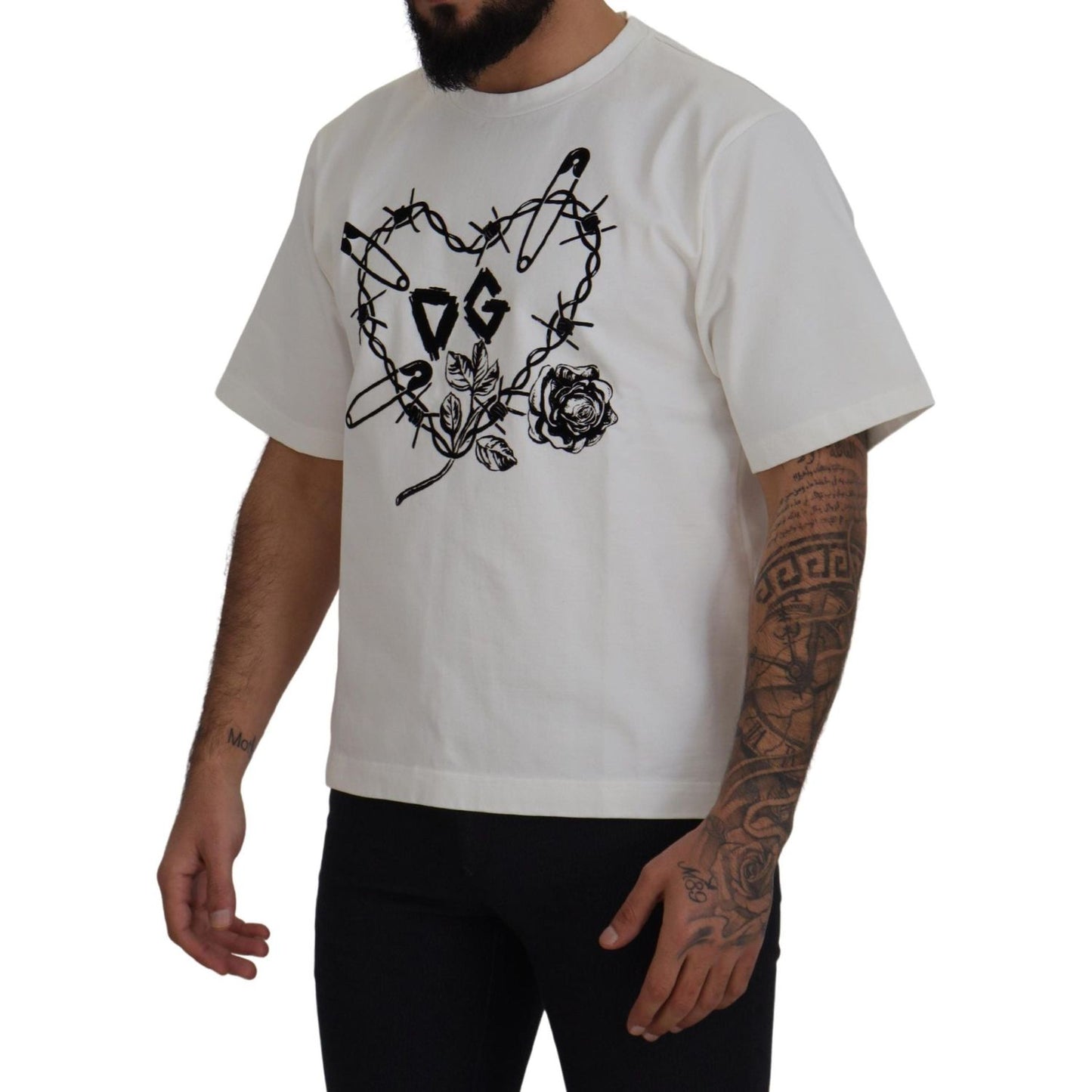 Dolce & Gabbana Elegant White Heart Roses Crewneck Tee Dolce & Gabbana