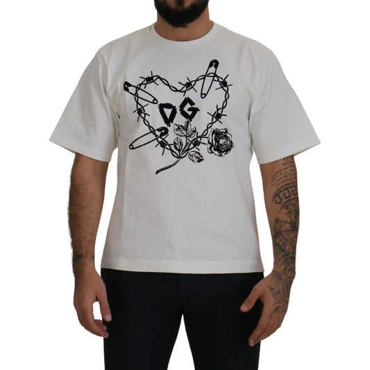 Dolce & Gabbana Elegant White Heart Roses Crewneck Tee Dolce & Gabbana