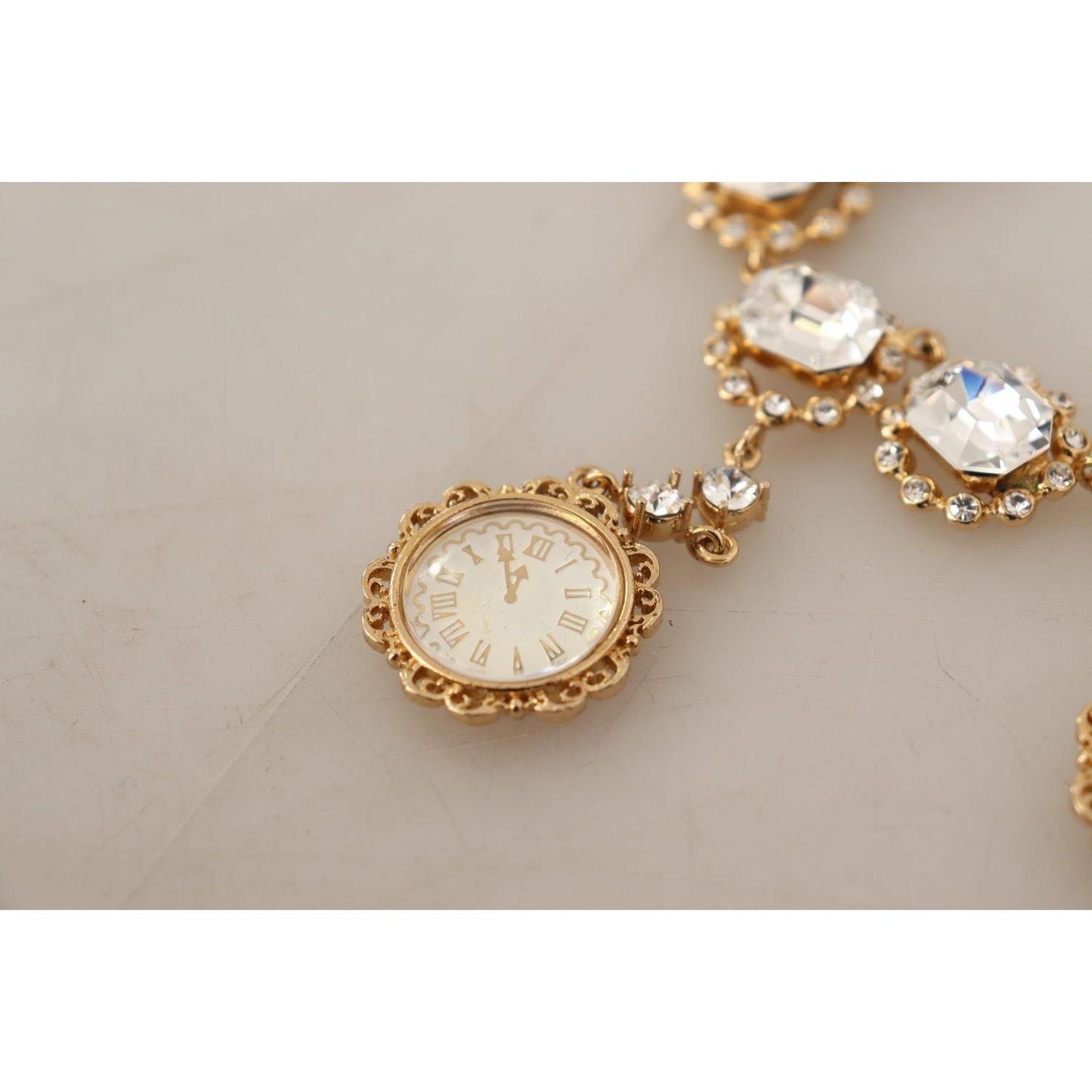Dolce & Gabbana Gold Clock Statement Crystal Chain Necklace Necklace