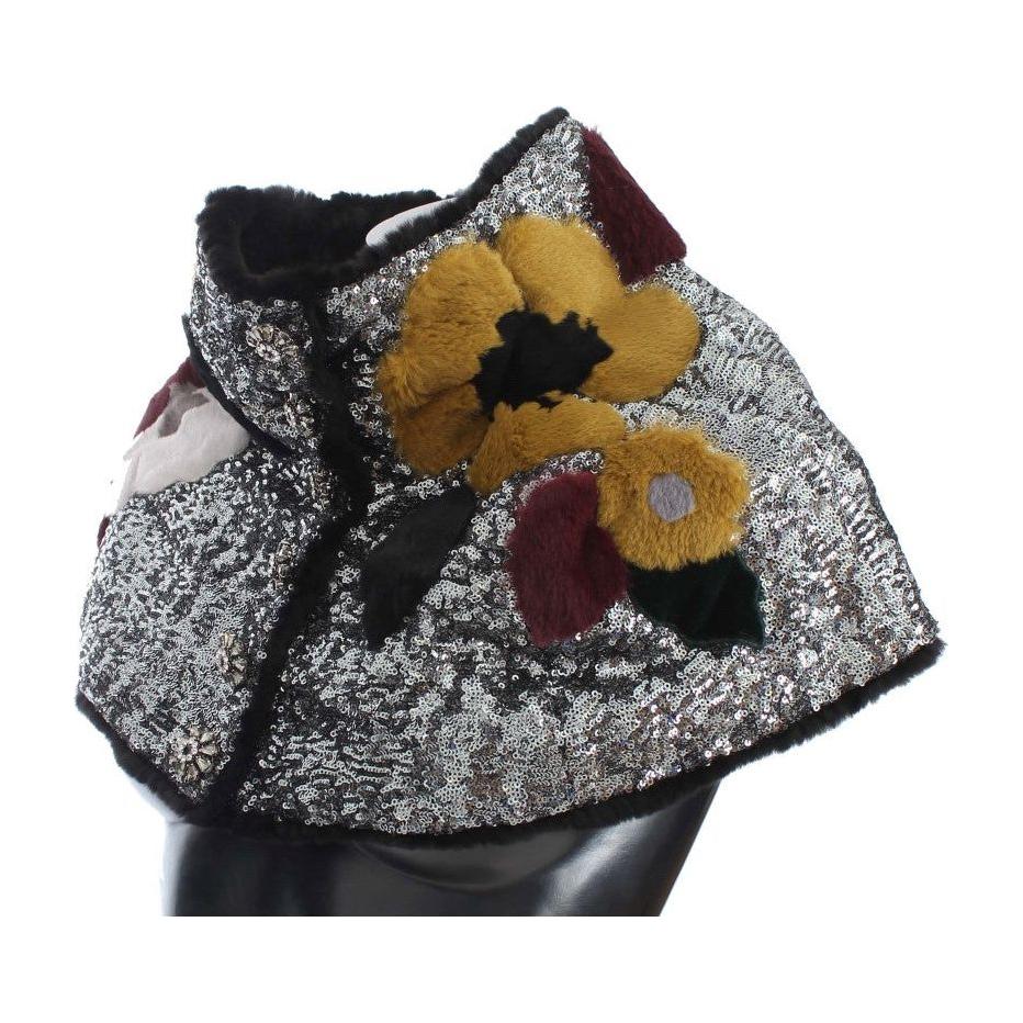 Dolce & Gabbana Silver Sequined Floral Weasel Fur Shoulder Scarf Wrap Dolce & Gabbana
