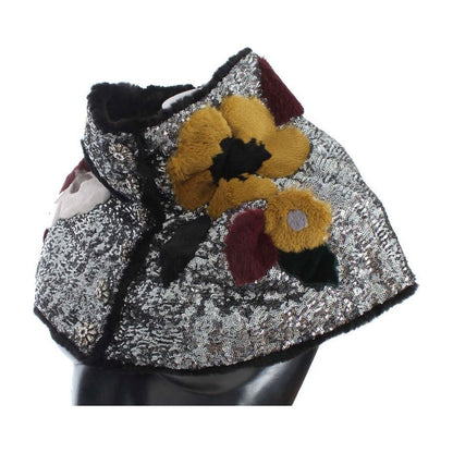 Dolce & Gabbana Silver Sequined Floral Weasel Fur Shoulder Scarf Wrap Dolce & Gabbana